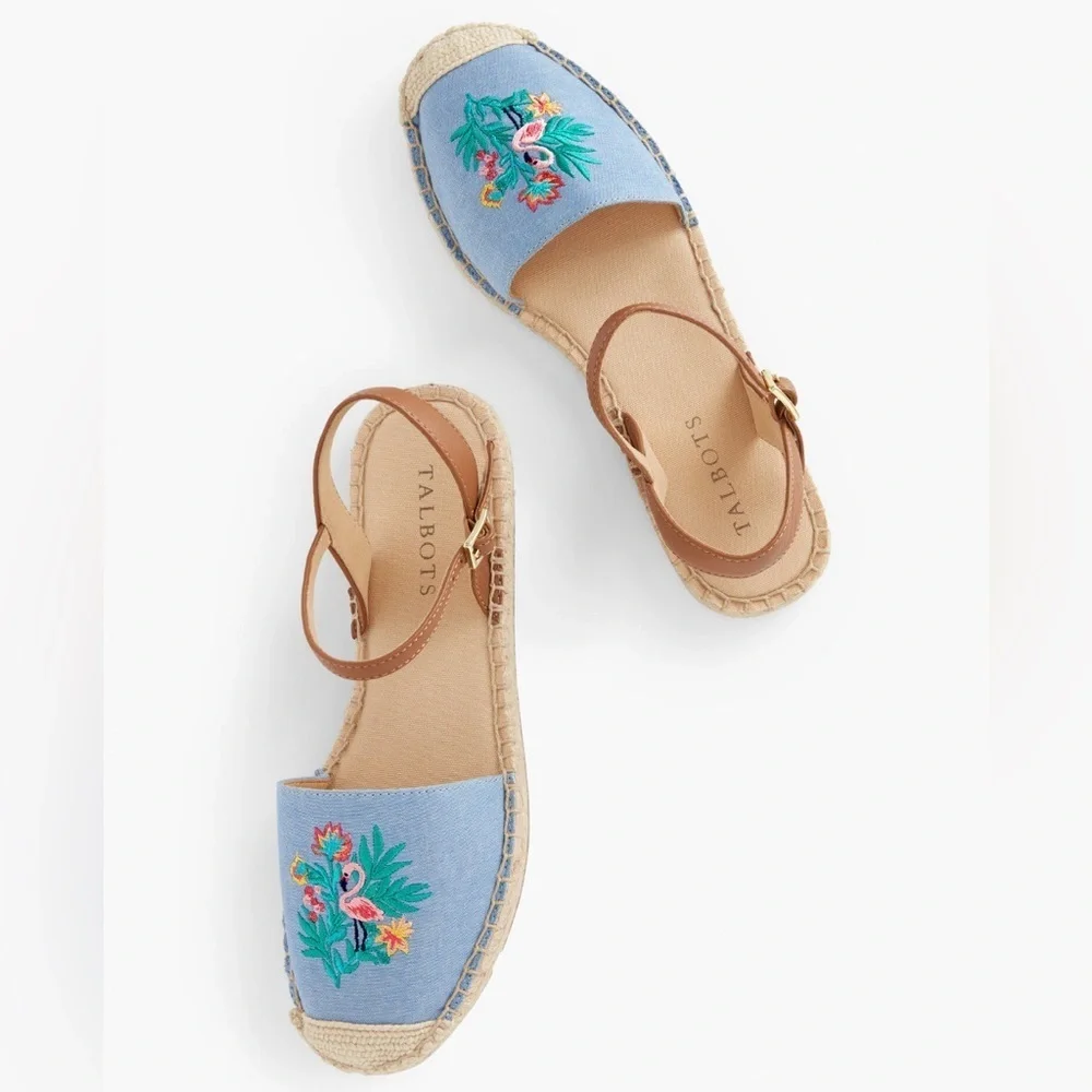 Talbots Izzy D'Orsay Embroidered Chambray Espadrille Sandals Size 9